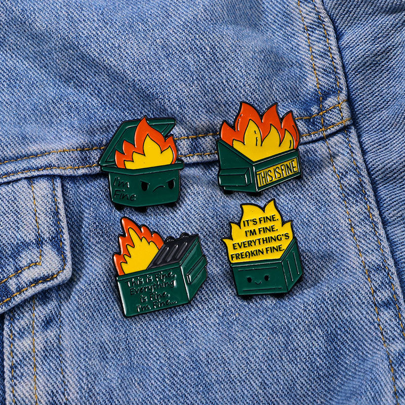 Trash Can Fire Man Funny Pins