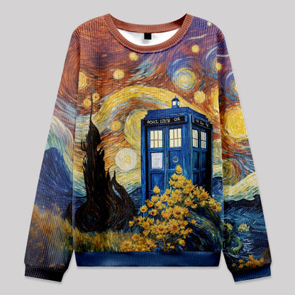 Tardis Time Travel Van Gogh Oil Painting Knit Sweatshirt