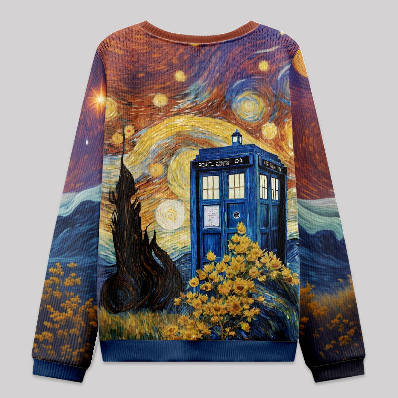 Tardis Time Travel Van Gogh Oil Painting Knit Sweatshirt