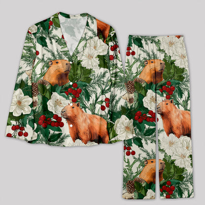 Christmas Winter Plant Capybara Pajamas Set