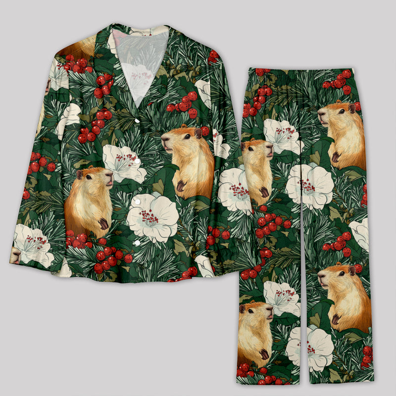 Christmas Pine Branch Holly Plant Squirrel Pajamas Set