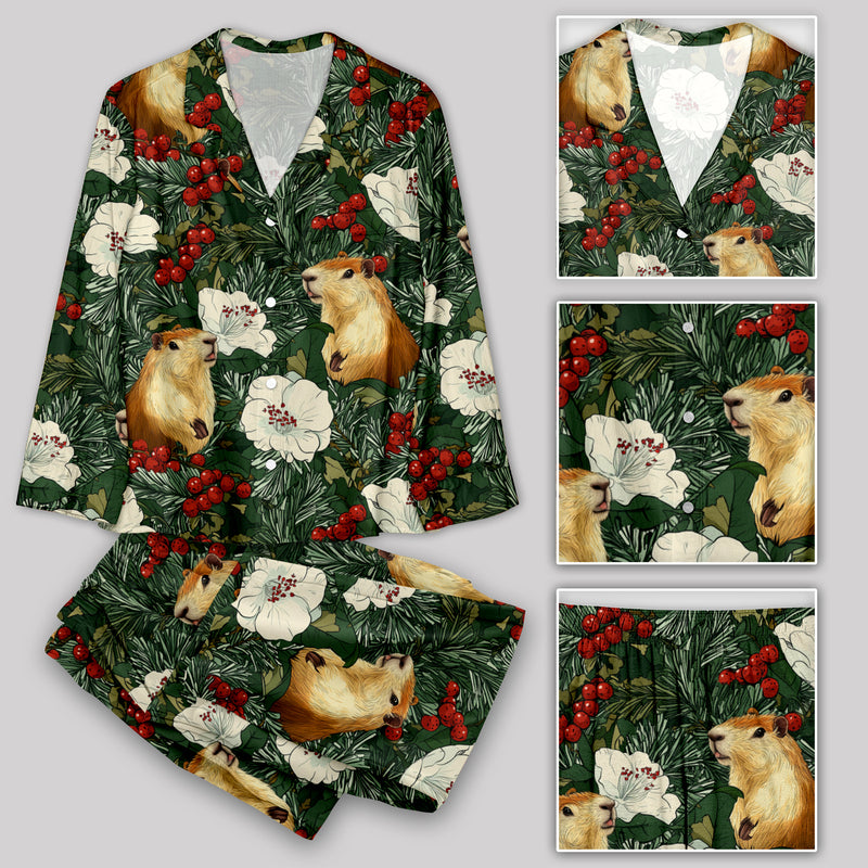 Christmas Pine Branch Holly Plant Squirrel Pajamas Set