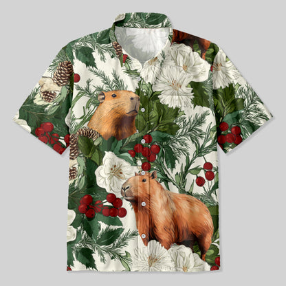 Christmas Winter Plant Capybara Button Up Pocket Shirt