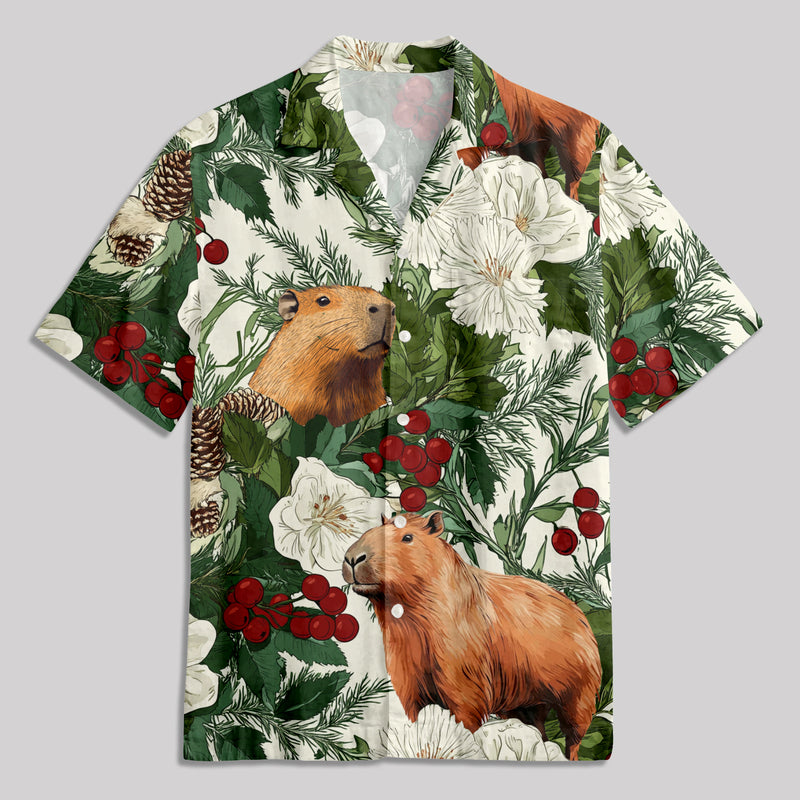 Christmas Winter Plant Capybara Button Up Pocket Shirt