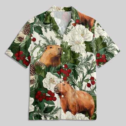 Christmas Winter Plant Capybara Button Up Pocket Shirt