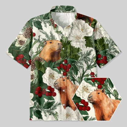 Christmas Winter Plant Capybara Button Up Pocket Shirt