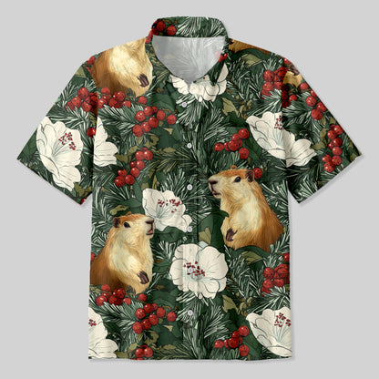 Christmas Pine Branch Holly Plant Squirrel Button Up Pocket Shirt