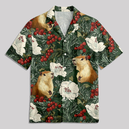 Christmas Pine Branch Holly Plant Squirrel Button Up Pocket Shirt