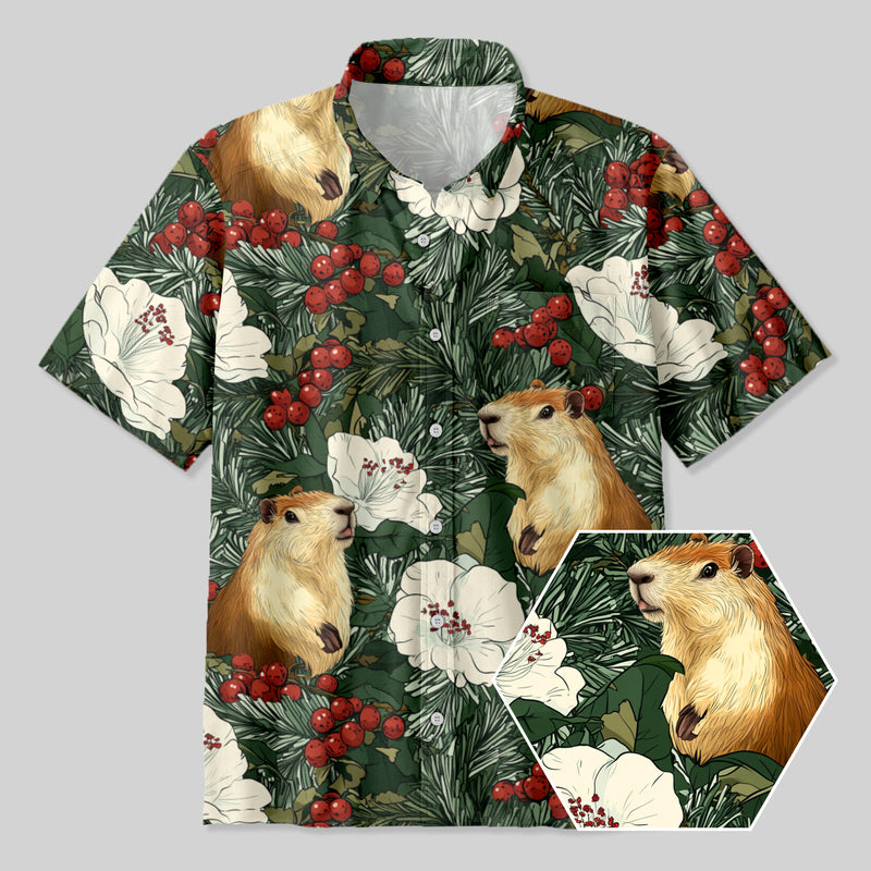 Christmas Pine Branch Holly Plant Squirrel Button Up Pocket Shirt