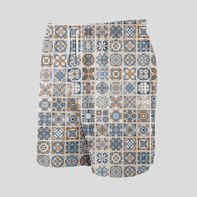 Portuguese Retro Tile Pattern Geeky Drawstring Shorts