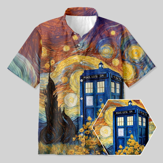 Tardis Time Travel Van Gogh Oil Painting Button Up Pocket Shirt