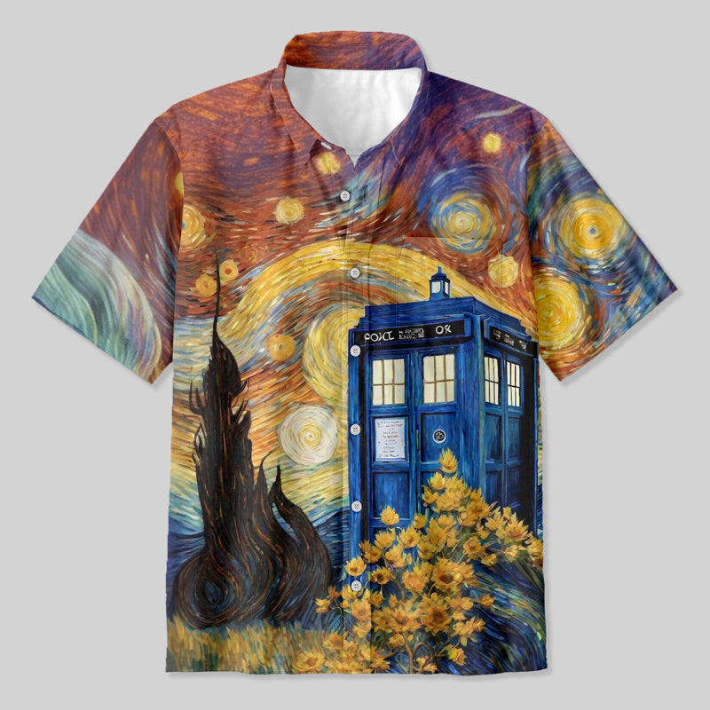 Tardis Time Travel Van Gogh Oil Painting Button Up Pocket Shirt