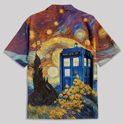 Tardis Time Travel Van Gogh Oil Painting Button Up Pocket Shirt