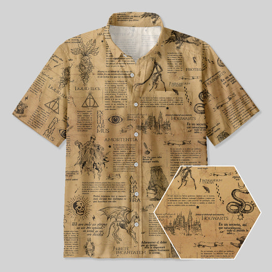 Magic Academy Vintage Hand Drawn Book Illustration Button Up Pocket Shirt