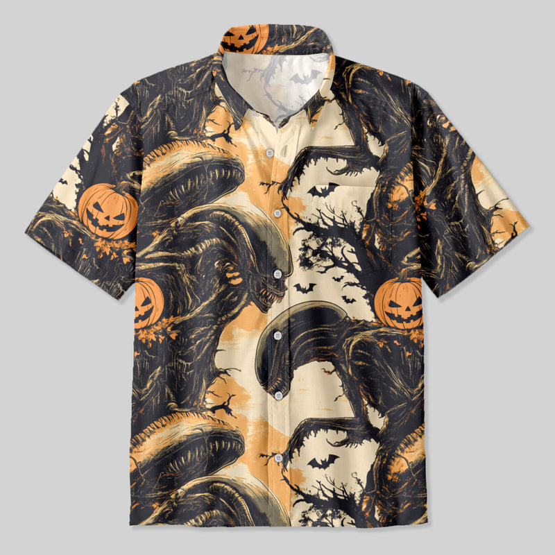 Halloween Evil Pumpkin Alien Button Up Pocket Shirt