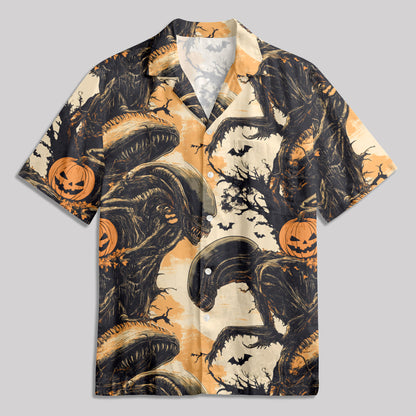 Halloween Evil Pumpkin Alien Button Up Pocket Shirt