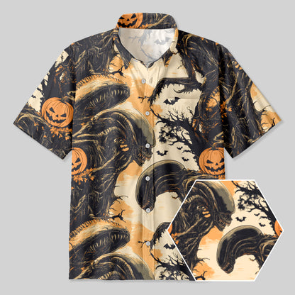 Halloween Evil Pumpkin Alien Button Up Pocket Shirt