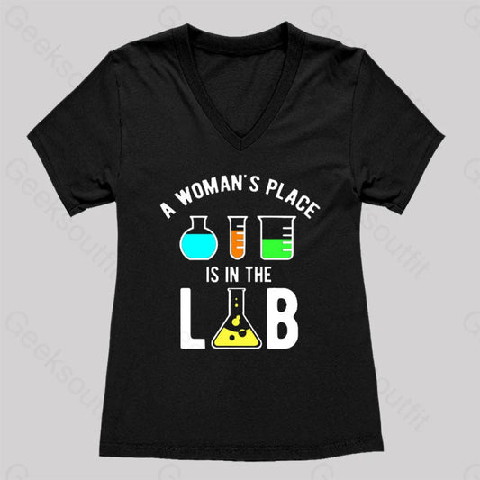 A Woman’s Place Is In The Lab Women’s V-Neck T-Shirt Black / S