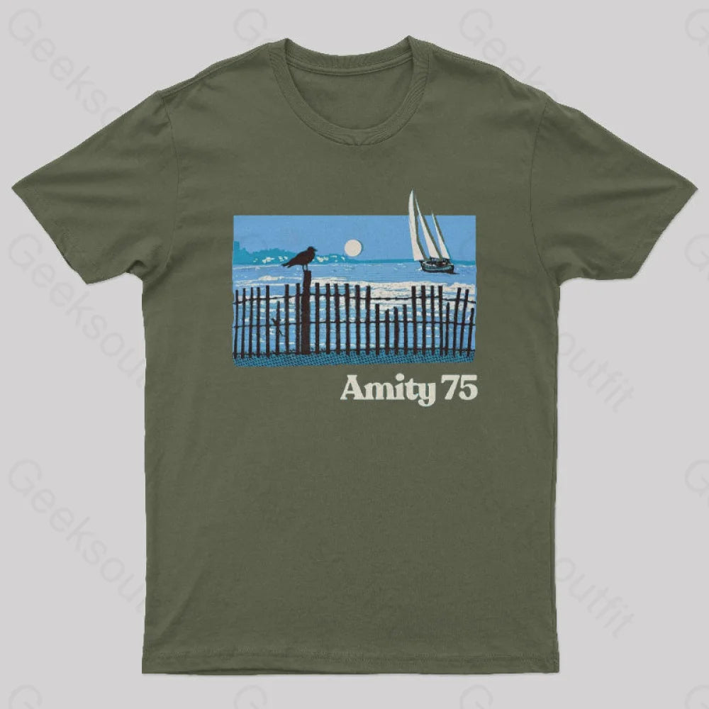 Amity 1975 The Summer Of Jaws Geek T-Shirt Army Green / S