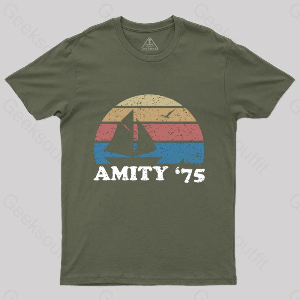 Amity Beach ’75 The Summer Of Jaws Geek T-Shirt Army Green / S