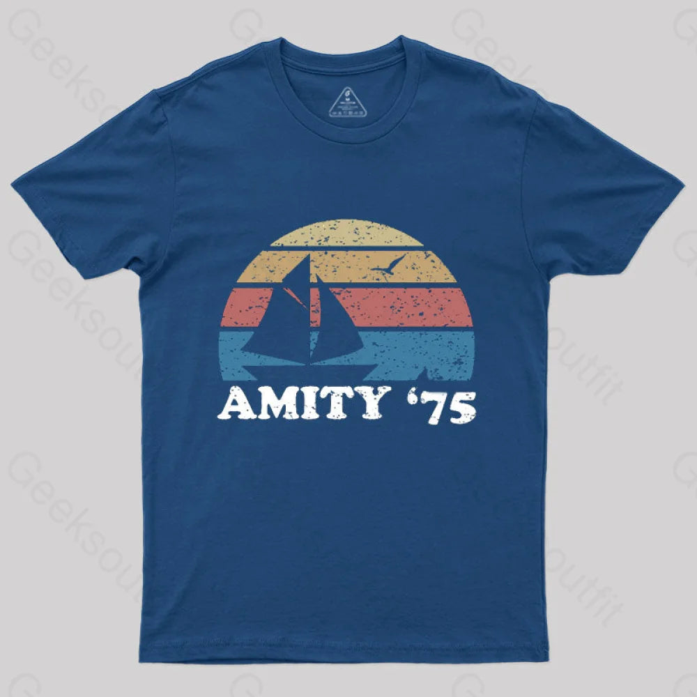 Amity Beach ’75 The Summer Of Jaws Geek T-Shirt Navy / S