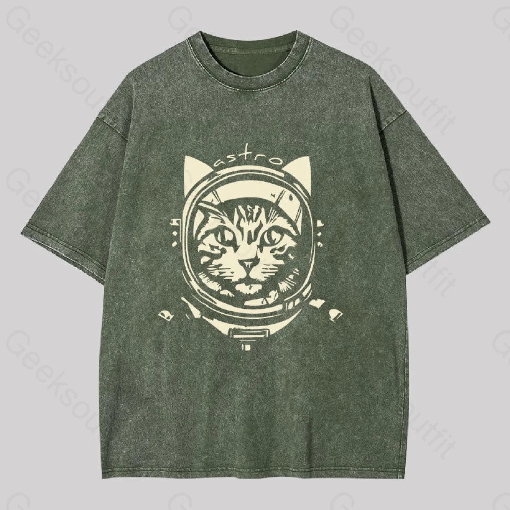 Astro Cat Washed T-Shirt Army Green / S