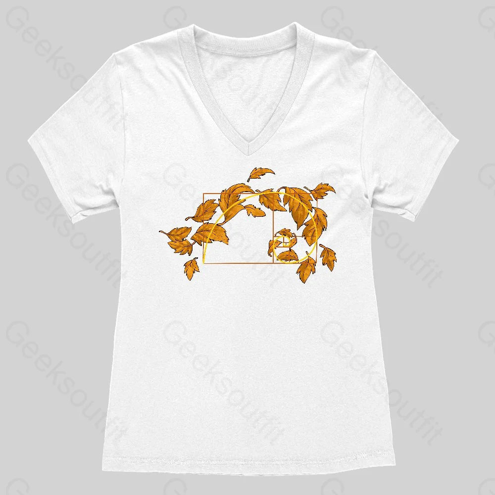 Autumn Wind Blowing Leaves in Fibonacci Women's V-Neck T-shirt - Geeksoutfit