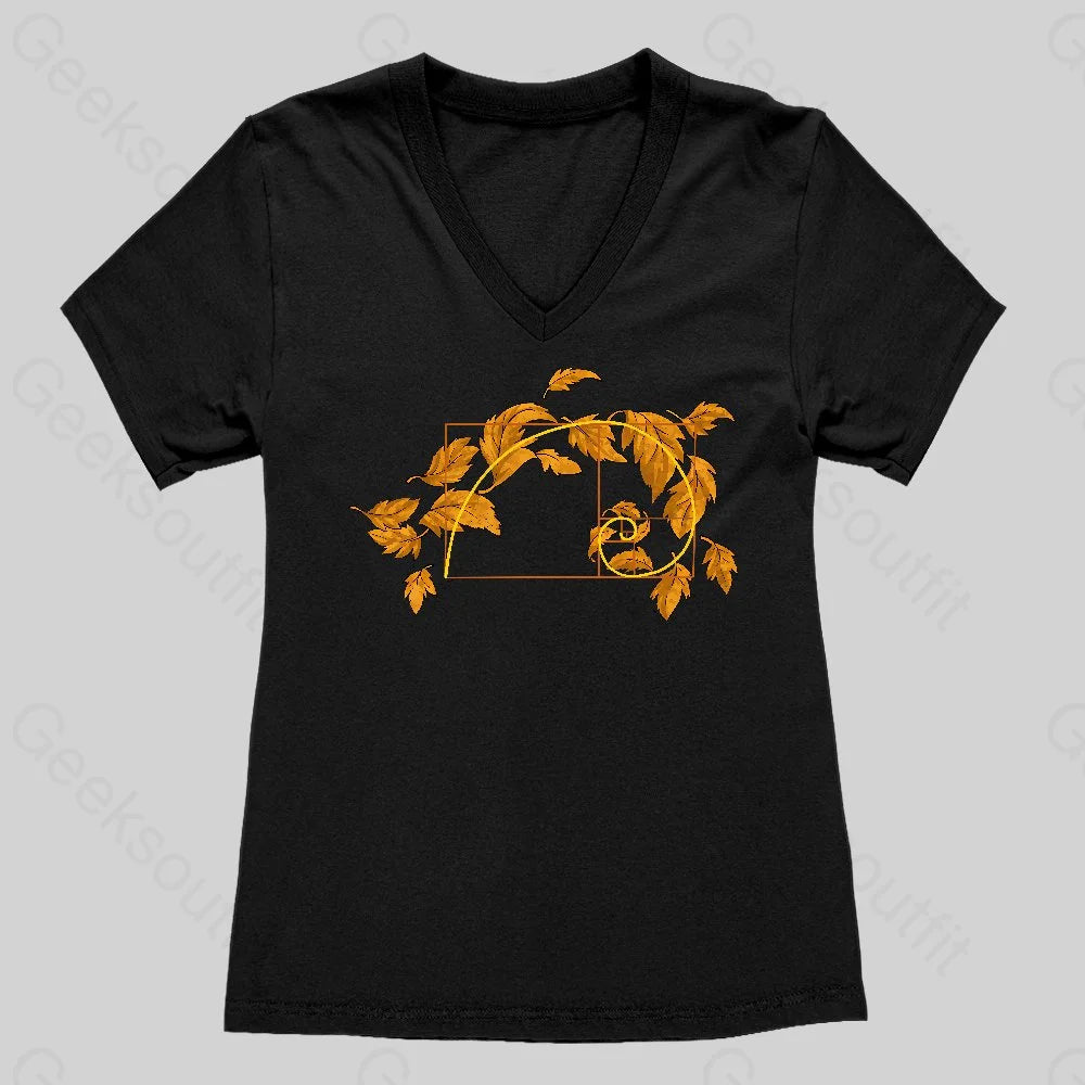 Autumn Wind Blowing Leaves in Fibonacci Women's V-Neck T-shirt - Geeksoutfit