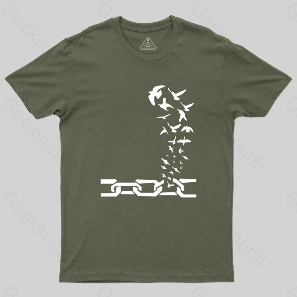 Birds Fly Out Of The Shackles T-Shirt Army Green / S Yc