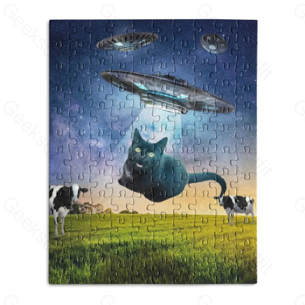 BLACK CAT UFO ABDUCTION FUNNY-Wooden Jigsaw Puzzle - Geeksoutfit