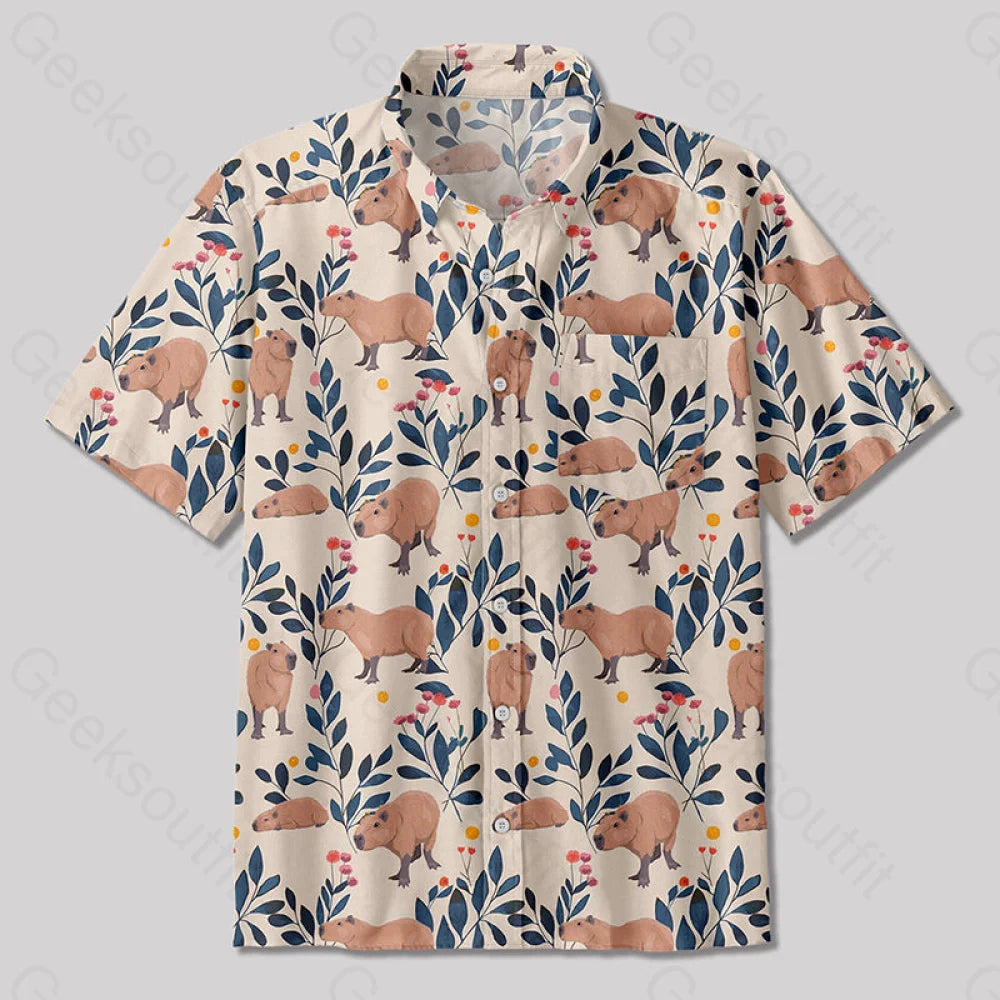 Capybara And Plants Button Up Pocket Shirt Up / S Bus498 Yc