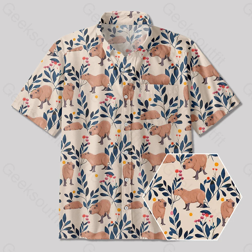 Capybara And Plants Button Up Pocket Shirt Yc