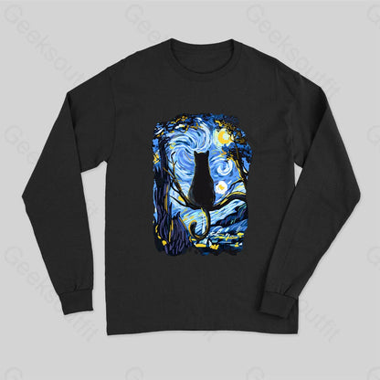 Cat Starry Night Long Sleeve T-Shirt Black / S