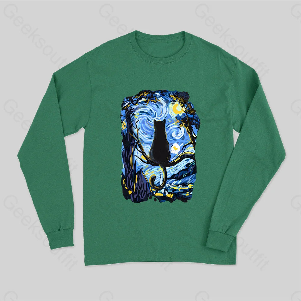 Cat Starry Night Long Sleeve T-Shirt Green / S