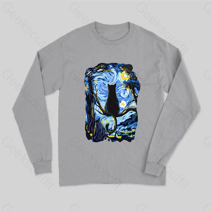 Cat Starry Night Long Sleeve T-Shirt Grey / S