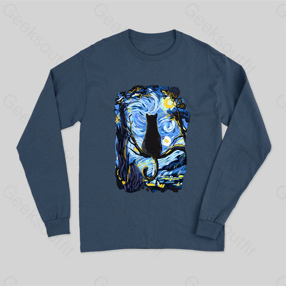 Cat Starry Night Long Sleeve T-Shirt Navy / S