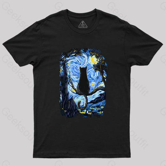 Cat Starry Night T-Shirt Black / S