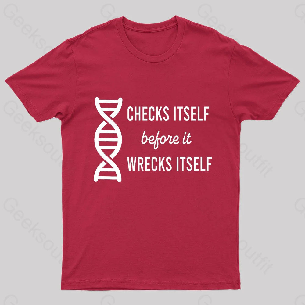 Checks Itself Before It Wrecks Nerd T-Shirt Red / S