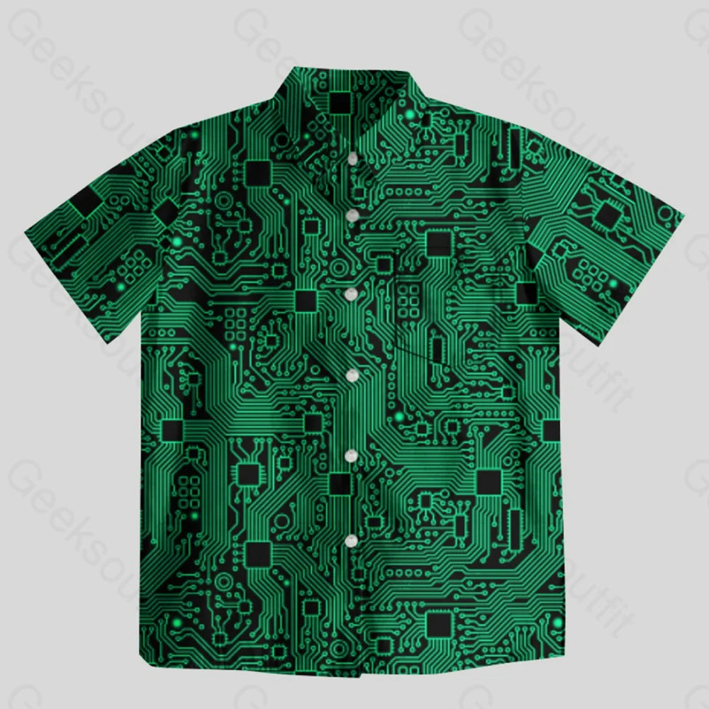 Computer Circuit Board Green Button Up Pocket Shirt - Geeksoutfit