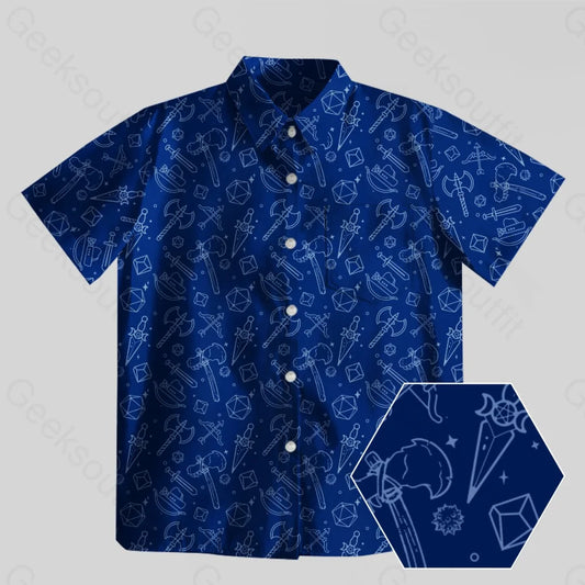 D&D Medieval Weapons Blue Button Up Pocket Shirt - Geeksoutfit