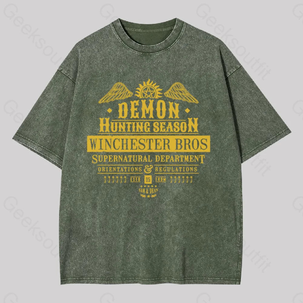 Demon Hunting Season Geek Washed T-Shirt Army Green / S