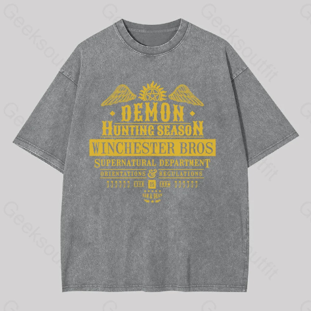 Demon Hunting Season Geek Washed T-Shirt Grey / S