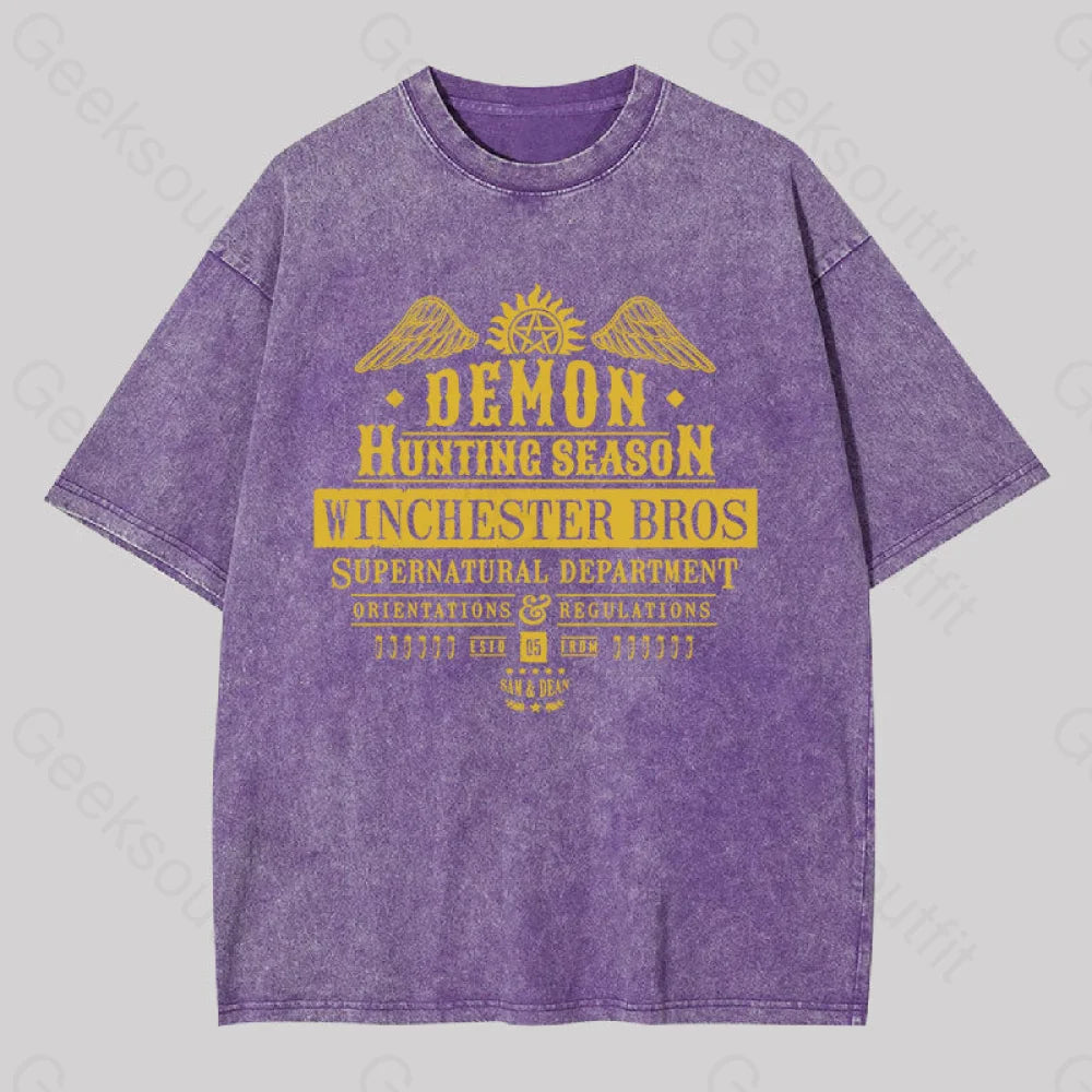 Demon Hunting Season Geek Washed T-Shirt Purple / S