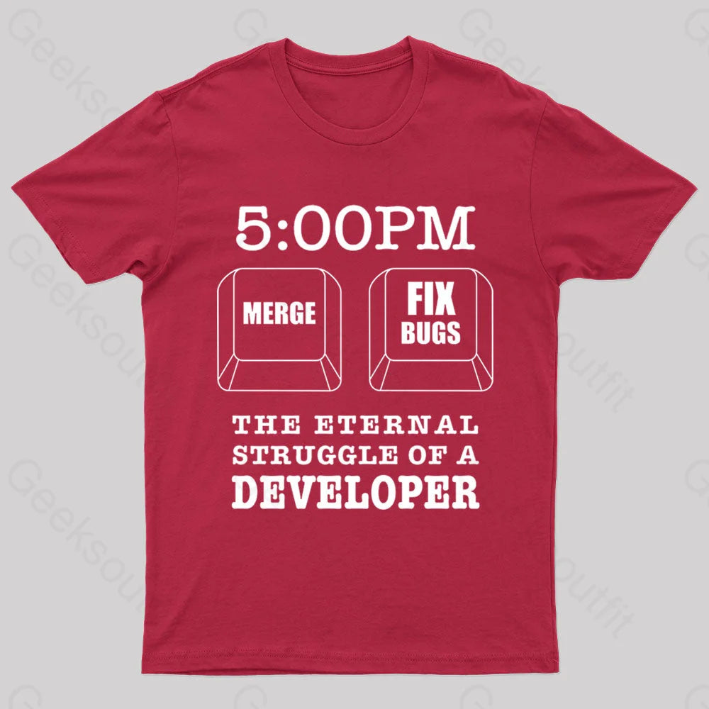 Developer Struggles Meme Sticker Nerd T-Shirt Red / S