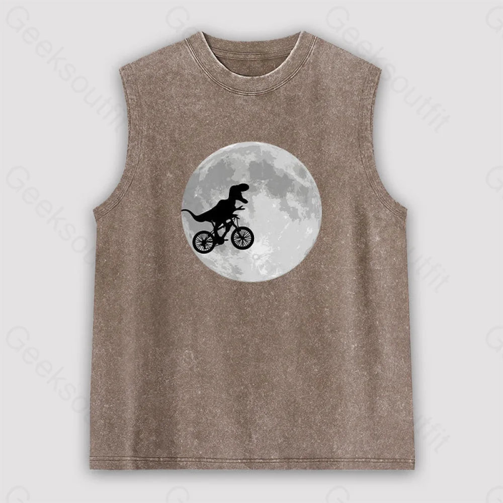 Dinosaur Bike And Moon Unisex Washed Tank Brown / S