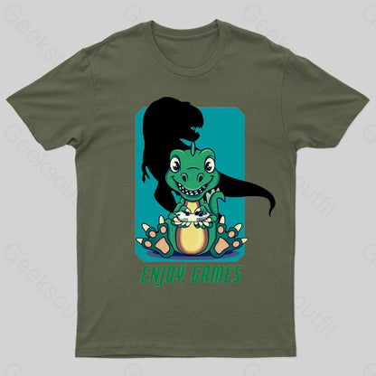 Dinosaur Enjoy Games Nerd T-Shirt Army Green / S