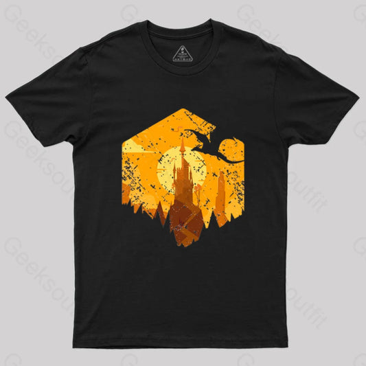 Dragon Flying Over Tall Castle Sunset T-Shirt Black / S