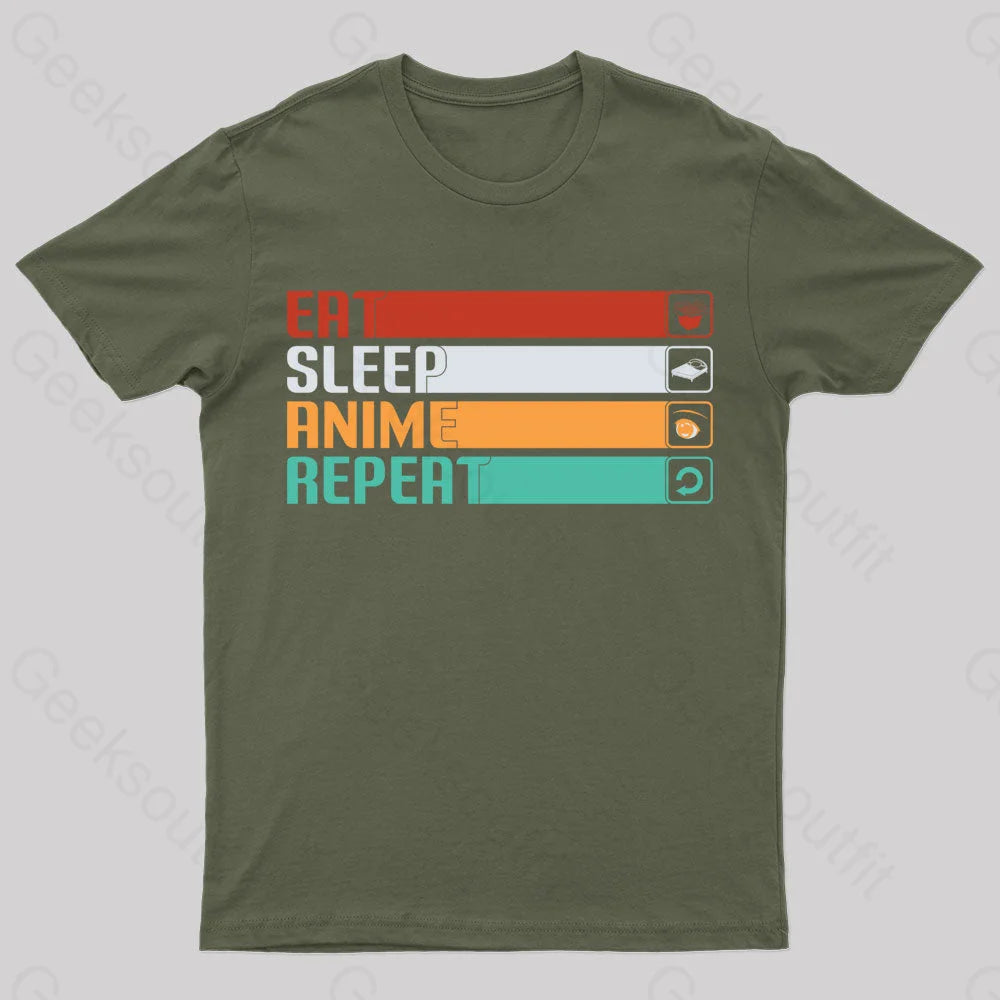 Eat Sleep Anime Repeat Nerd T-Shirt Army Green / S