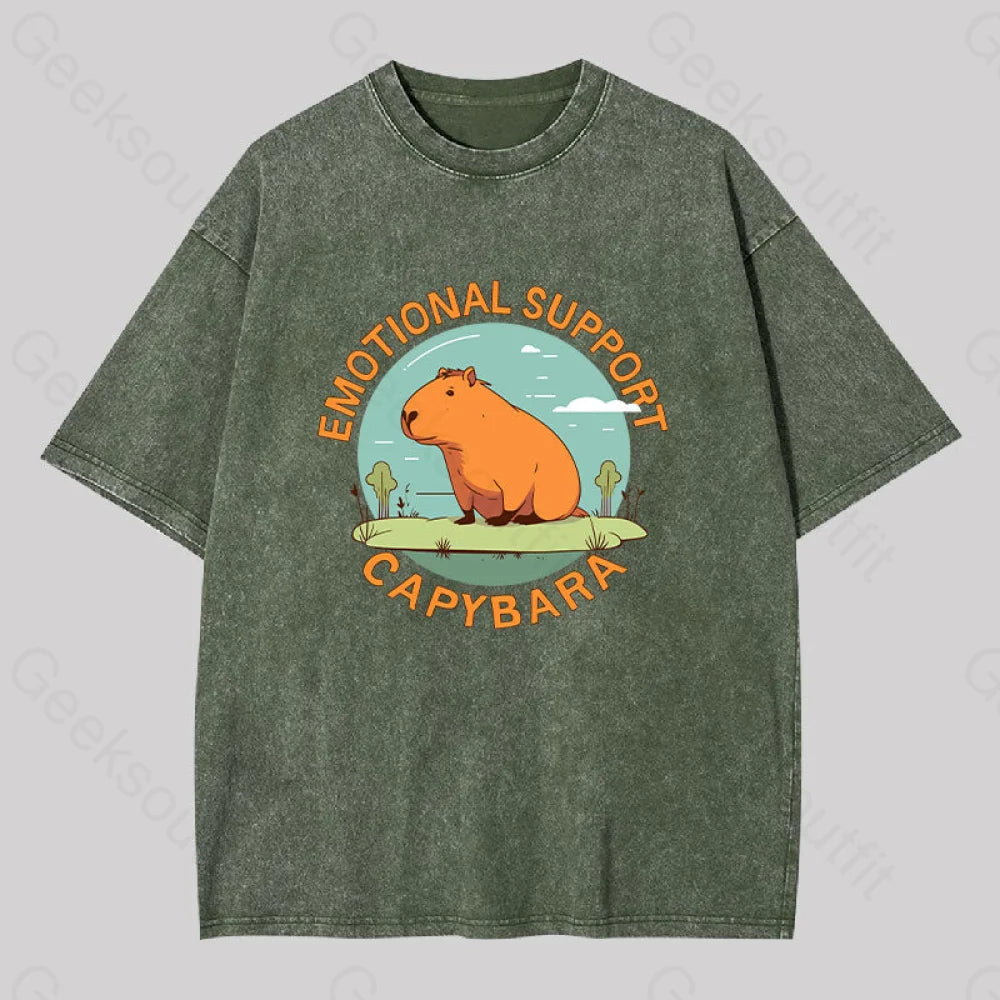 Emotional Support Capybara Washed T-Shirt Army Green / S