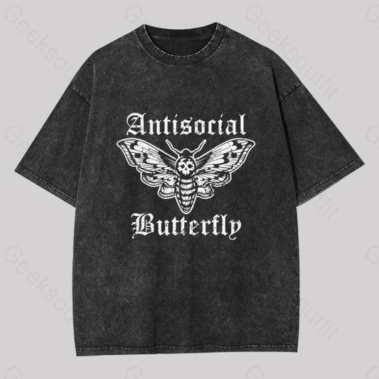 Funny Antisocial Butterfly Washed T-Shirt Black / S